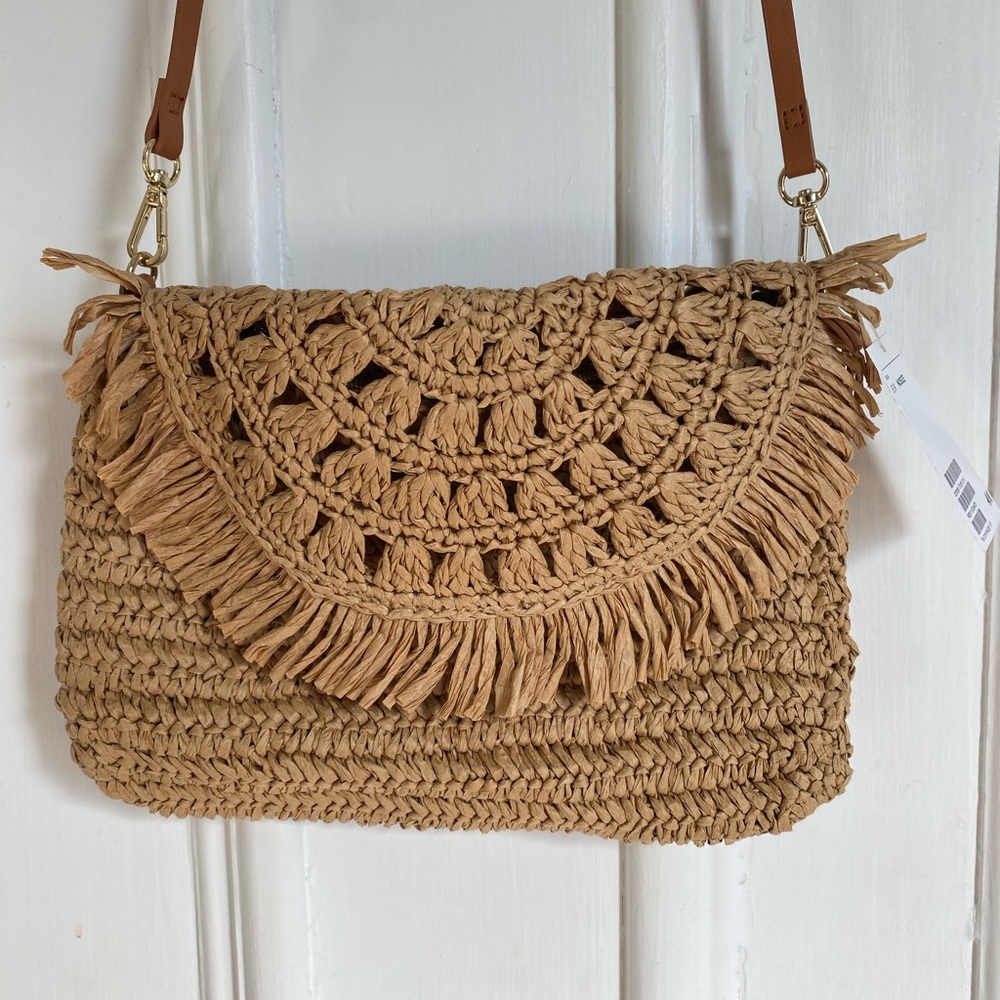 NWT Woven Fringe Straw Crossbody Bag - Tan